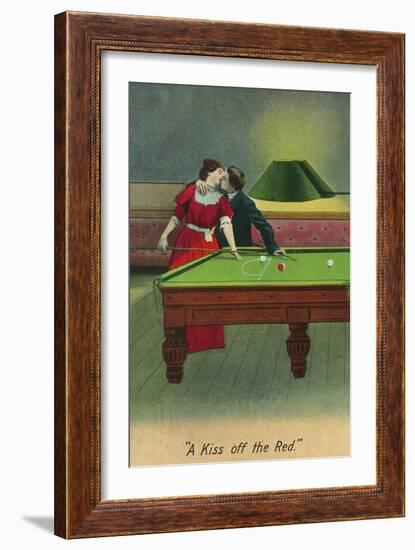 A Kiss off the Red, Couple Kissing Before Pool Shot-Lantern Press-Framed Art Print