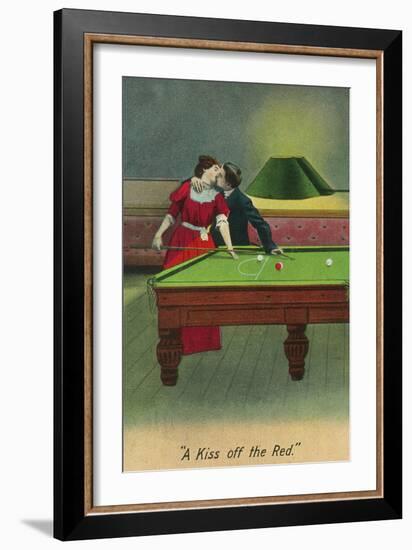 A Kiss off the Red, Couple Kissing Before Pool Shot-Lantern Press-Framed Art Print