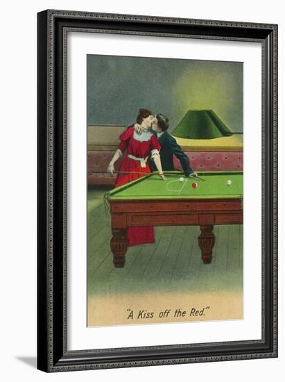 A Kiss off the Red, Couple Kissing Before Pool Shot-Lantern Press-Framed Art Print