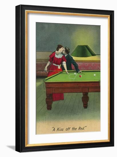 A Kiss off the Red, Couple Kissing Before Pool Shot-Lantern Press-Framed Art Print