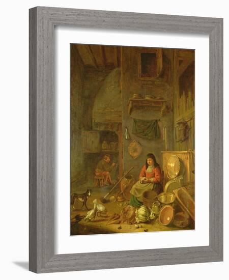 A Kitchen Interior with a Woman Peeling Potatoes Beside a Dog-Hendrik Martensz Sorgh-Framed Giclee Print