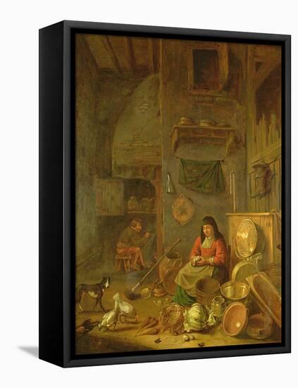 A Kitchen Interior with a Woman Peeling Potatoes Beside a Dog-Hendrik Martensz Sorgh-Framed Premier Image Canvas