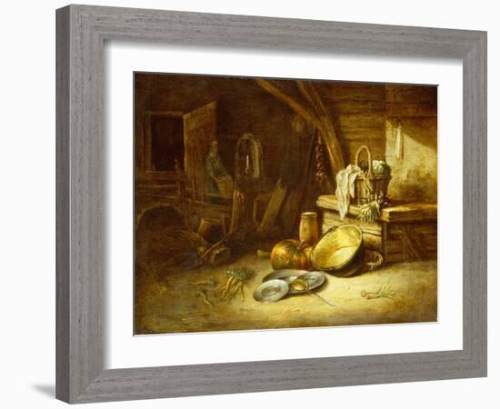 A Kitchen with Vegetables in a Wicker Basket, Pewter Plates and a Pumpkin-Willem Kalf-Framed Giclee Print