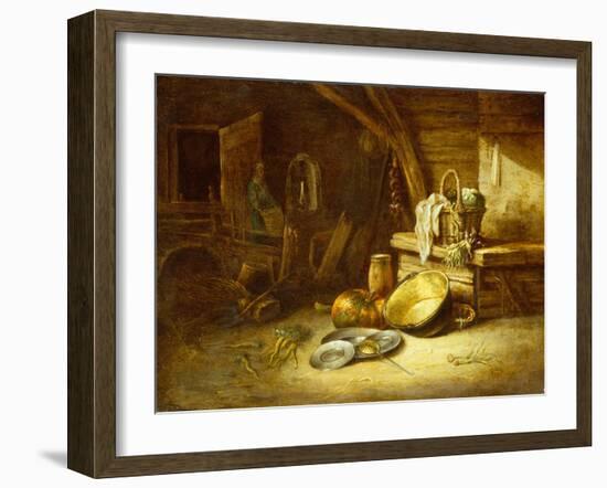 A Kitchen with Vegetables in a Wicker Basket, Pewter Plates and a Pumpkin-Willem Kalf-Framed Giclee Print