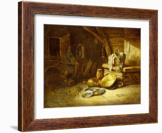 A Kitchen with Vegetables in a Wicker Basket, Pewter Plates and a Pumpkin-Willem Kalf-Framed Giclee Print