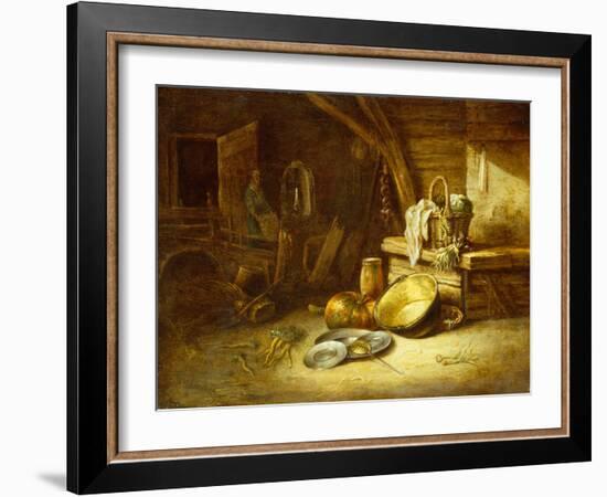 A Kitchen with Vegetables in a Wicker Basket, Pewter Plates and a Pumpkin-Willem Kalf-Framed Giclee Print