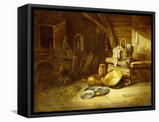 A Kitchen with Vegetables in a Wicker Basket, Pewter Plates and a Pumpkin-Willem Kalf-Framed Premier Image Canvas