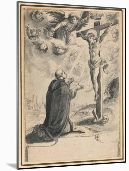 A Kneeling Friar before a Vision of Christ on the Cross, 1601-1700 (Pen and Brush and Blueish Grey-German School-Mounted Giclee Print