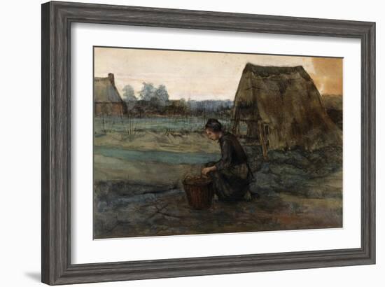 A Kneeling Peasant Woman in Front of a Hut; Paysanne Agenouillee Devant Une Cabane, 1883-Vincent van Gogh-Framed Giclee Print