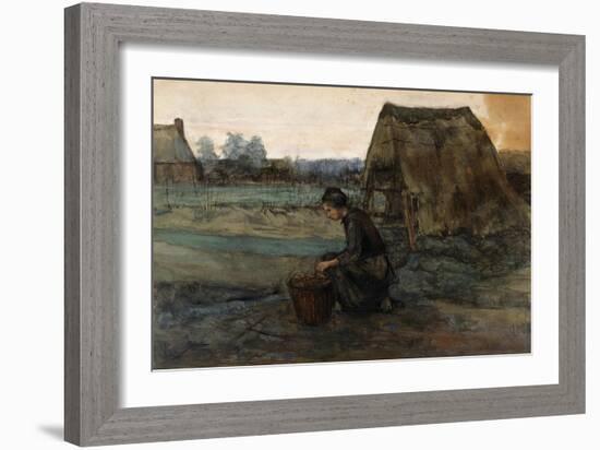 A Kneeling Peasant Woman in Front of a Hut; Paysanne Agenouillee Devant Une Cabane, 1883-Vincent van Gogh-Framed Giclee Print