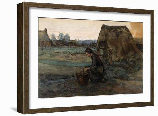 A Kneeling Peasant Woman in Front of a Hut; Paysanne Agenouillee Devant Une Cabane, 1883-Vincent van Gogh-Framed Giclee Print