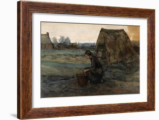 A Kneeling Peasant Woman in Front of a Hut; Paysanne Agenouillee Devant Une Cabane, 1883-Vincent van Gogh-Framed Giclee Print