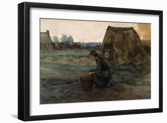 A Kneeling Peasant Woman in Front of a Hut; Paysanne Agenouillee Devant Une Cabane, 1883-Vincent van Gogh-Framed Giclee Print