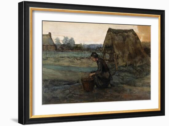 A Kneeling Peasant Woman in Front of a Hut; Paysanne Agenouillee Devant Une Cabane, 1883-Vincent van Gogh-Framed Giclee Print