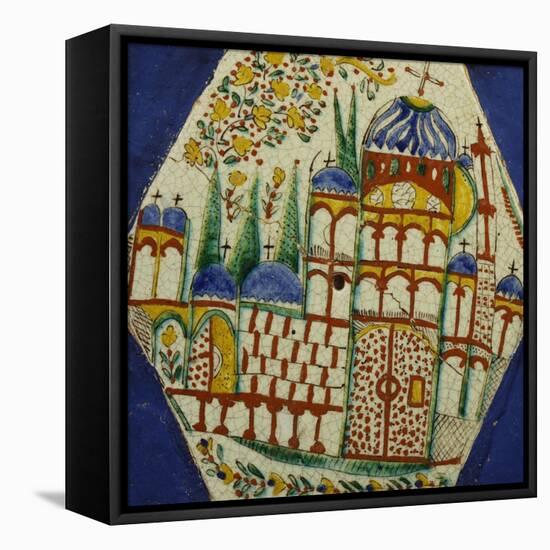 A Kutahya Pottery Hexagonal Tile Depicting a Cathedral with Floral Spray Above-null-Framed Premier Image Canvas