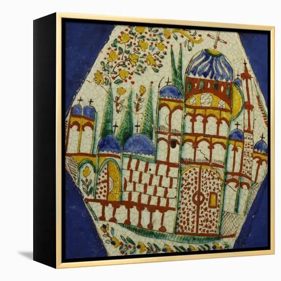 A Kutahya Pottery Hexagonal Tile Depicting a Cathedral with Floral Spray Above-null-Framed Premier Image Canvas
