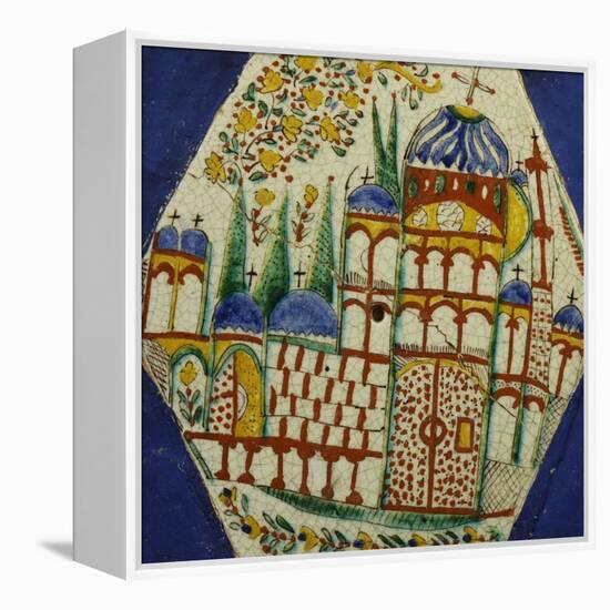 A Kutahya Pottery Hexagonal Tile Depicting a Cathedral with Floral Spray Above-null-Framed Premier Image Canvas