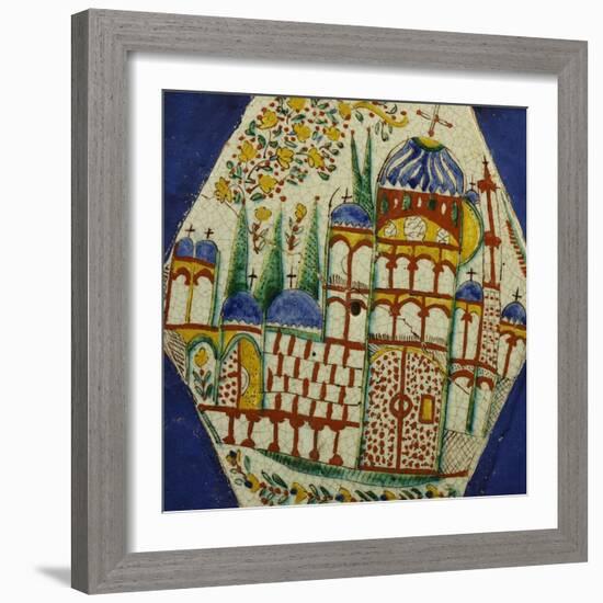 A Kutahya Pottery Hexagonal Tile Depicting a Cathedral with Floral Spray Above-null-Framed Giclee Print