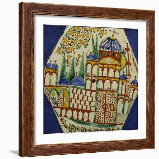 A Kutahya Pottery Hexagonal Tile Depicting a Cathedral with Floral Spray Above-null-Framed Giclee Print