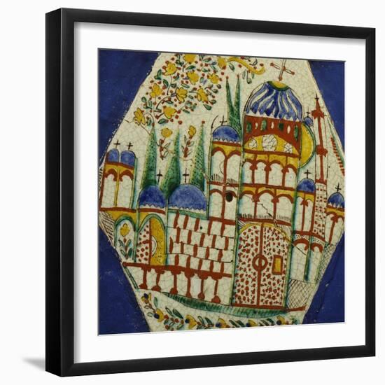 A Kutahya Pottery Hexagonal Tile Depicting a Cathedral with Floral Spray Above-null-Framed Giclee Print