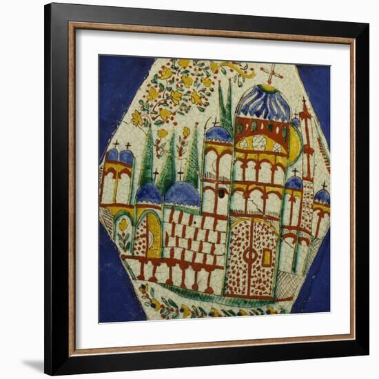 A Kutahya Pottery Hexagonal Tile Depicting a Cathedral with Floral Spray Above-null-Framed Giclee Print