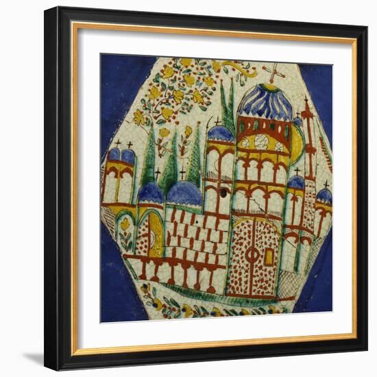 A Kutahya Pottery Hexagonal Tile Depicting a Cathedral with Floral Spray Above-null-Framed Giclee Print