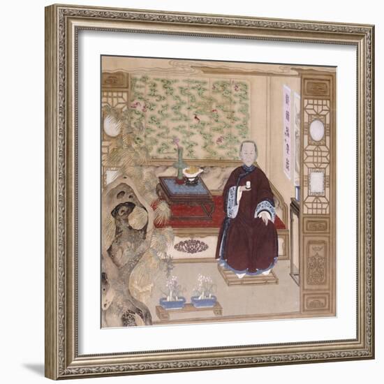 A Lady in Dark Red, Seated on a Day Bed Holding a Blue and White Cup, Mid-Qing Dynasty-null-Framed Giclee Print