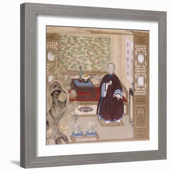 A Lady in Dark Red, Seated on a Day Bed Holding a Blue and White Cup, Mid-Qing Dynasty-null-Framed Giclee Print