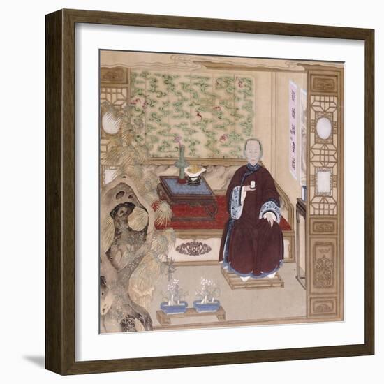 A Lady in Dark Red, Seated on a Day Bed Holding a Blue and White Cup, Mid-Qing Dynasty-null-Framed Giclee Print