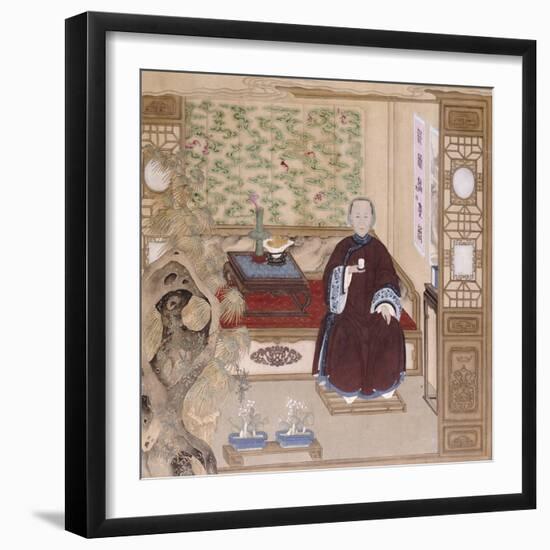 A Lady in Dark Red, Seated on a Day Bed Holding a Blue and White Cup, Mid-Qing Dynasty-null-Framed Giclee Print
