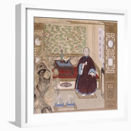 A Lady in Dark Red, Seated on a Day Bed Holding a Blue and White Cup, Mid-Qing Dynasty-null-Framed Giclee Print