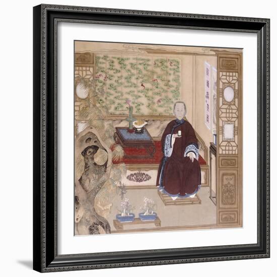 A Lady in Dark Red, Seated on a Day Bed Holding a Blue and White Cup, Mid-Qing Dynasty-null-Framed Giclee Print