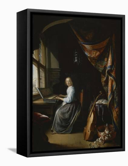 A Lady Playing the Clavichord-Gerrit Dou-Framed Premier Image Canvas