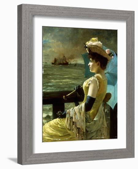 A Lady with a Parasol Looking out to Sea-Alfred Stevens-Framed Giclee Print