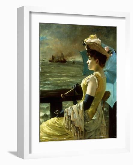 A Lady with a Parasol Looking out to Sea-Alfred Stevens-Framed Giclee Print