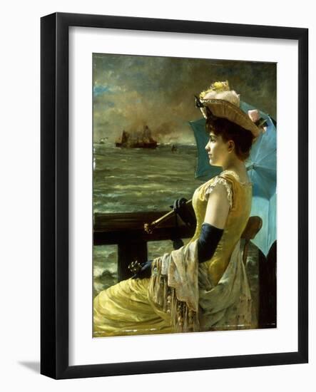 A Lady with a Parasol Looking Out to Sea-Alfred Emile Léopold Stevens-Framed Giclee Print