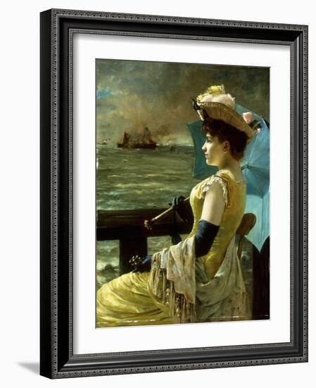 A Lady with a Parasol Looking Out to Sea-Alfred Emile Léopold Stevens-Framed Giclee Print