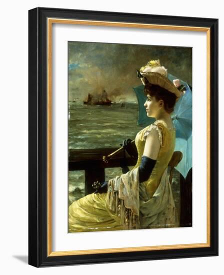 A Lady with a Parasol Looking Out to Sea-Alfred Emile Léopold Stevens-Framed Giclee Print