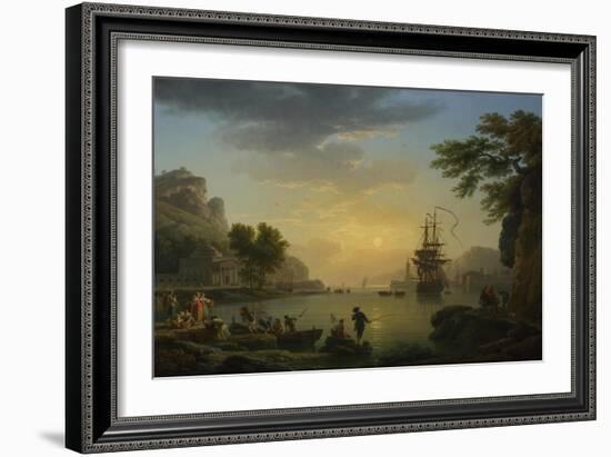 A Landscape at Sunset with Fishermen Returning with their Catch, 1773-Claude Joseph Vernet-Framed Giclee Print