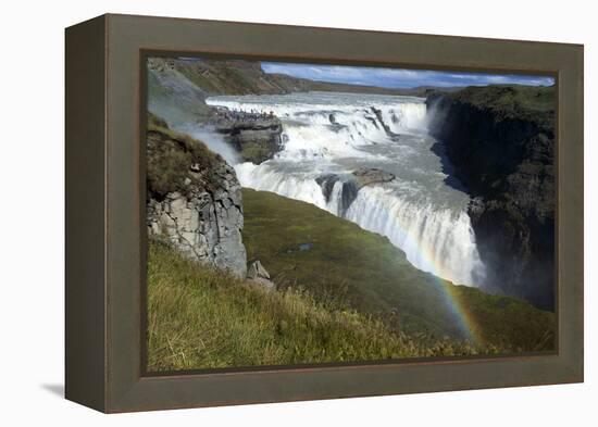 A Landscape View of Gullfoss Waterfall with a Faint Rainbow with People in the Background-Natalie Tepper-Framed Premier Image Canvas