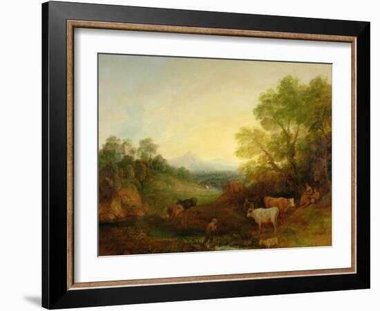 A Landscape with Cattle and Figures by a Stream and a Distant Bridge, c.1772-4-Thomas Gainsborough-Framed Giclee Print