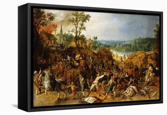 A Landscape with Marauders Attacking a Wagon Train and Pillaging a Village-Sebastian Vrancx-Framed Premier Image Canvas