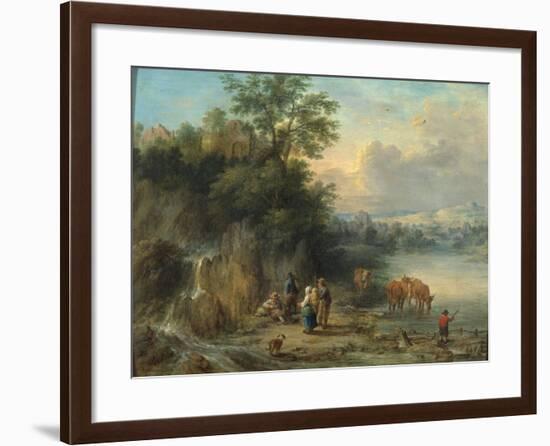 A Landscape with Peasants and Cattle by a River-Theobald Michau-Framed Giclee Print