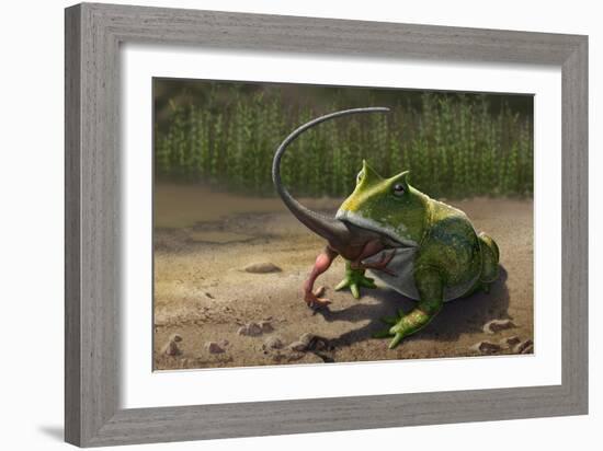 A Large Beelzebufo Frog Eating a Small Masiakasaurus-null-Framed Art Print