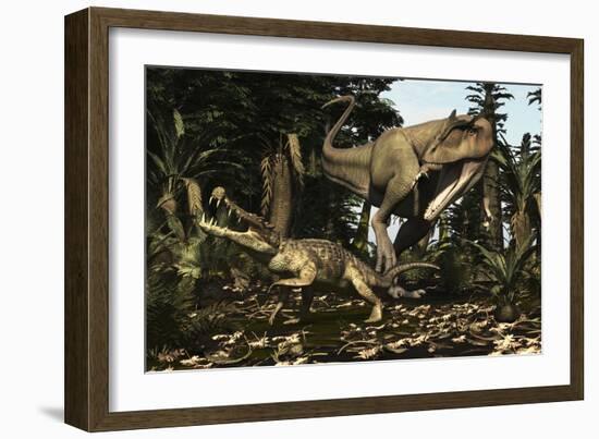 A Large Carcharodontosaurus Attacks a Kaprosuchus-Stocktrek Images-Framed Art Print