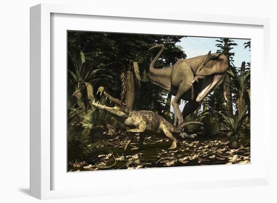 A Large Carcharodontosaurus Attacks a Kaprosuchus-Stocktrek Images-Framed Art Print