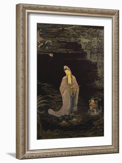 A Large Chinese Lacquered Painted Wood Rectangular Panel Depicting a Standing Model of Guanyin…-null-Framed Giclee Print