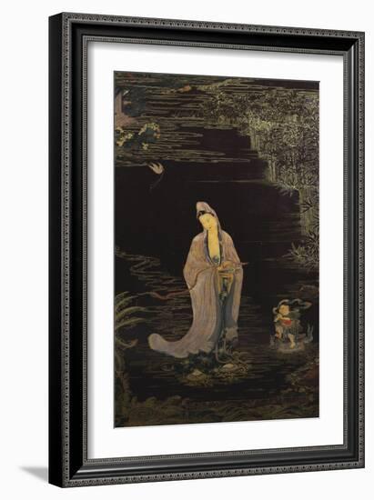 A Large Chinese Lacquered Painted Wood Rectangular Panel Depicting a Standing Model of Guanyin…-null-Framed Giclee Print