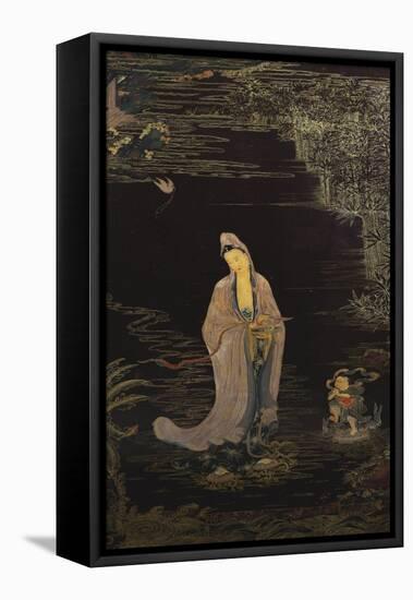 A Large Chinese Lacquered Painted Wood Rectangular Panel Depicting a Standing Model of Guanyin…-null-Framed Premier Image Canvas