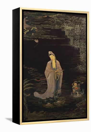 A Large Chinese Lacquered Painted Wood Rectangular Panel Depicting a Standing Model of Guanyin…-null-Framed Premier Image Canvas